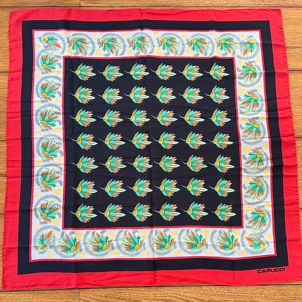 Roberto Capucci Vintage Black & Red Floral Print Silk Square Scarf